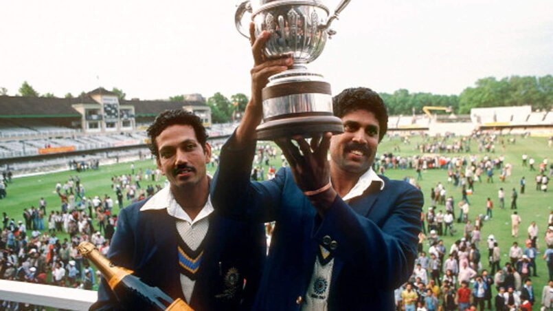 Kapil Dev lifting the 1983 World Cup Cricket Trophy